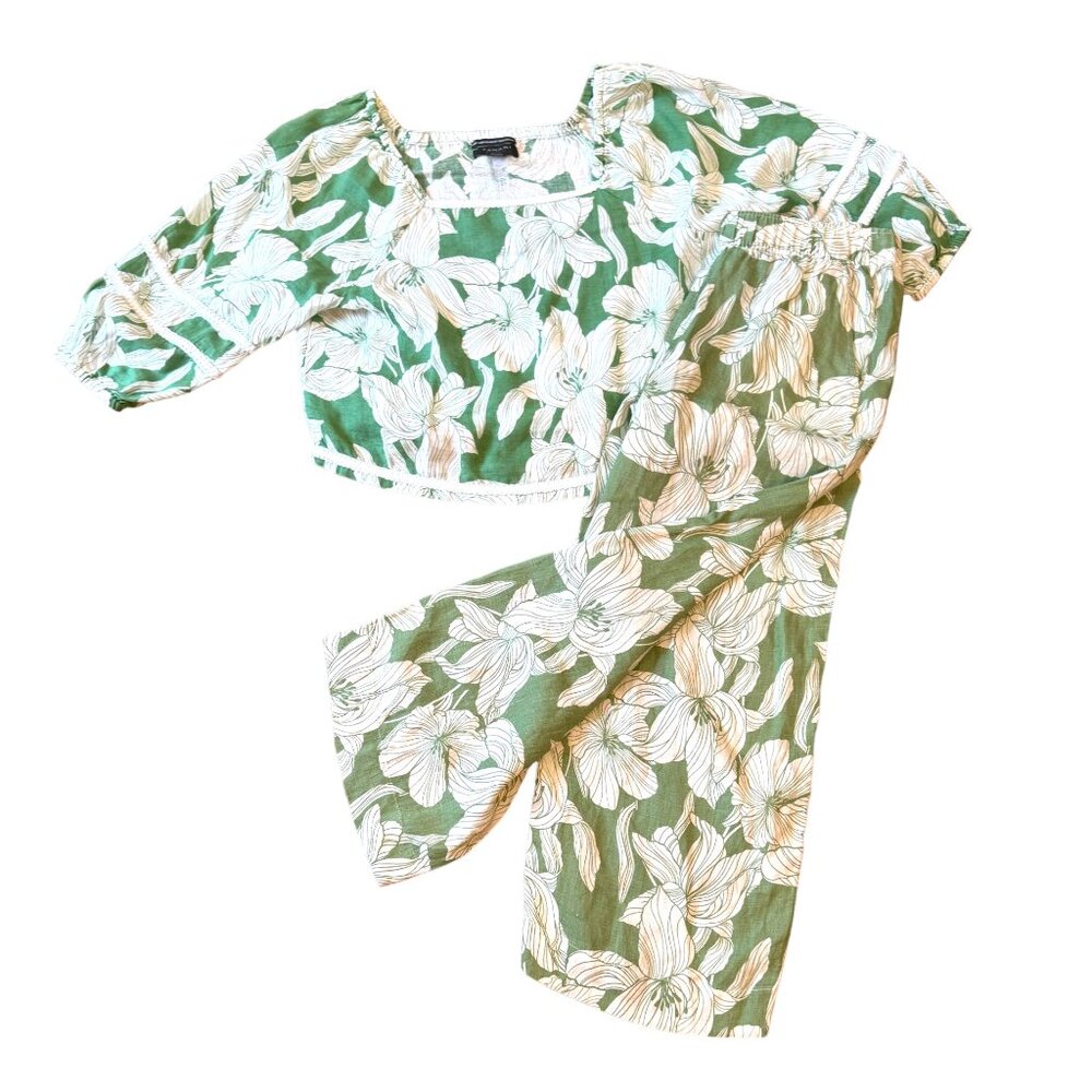 TAHARI Tropical Green White Crop Shirt + Palazzo Pants - NEW